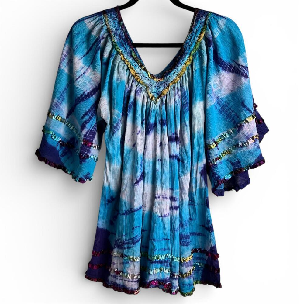 Bohemian Tie-Dye Peasant Tunic with Bell Sleeves - Picture 4 of 5